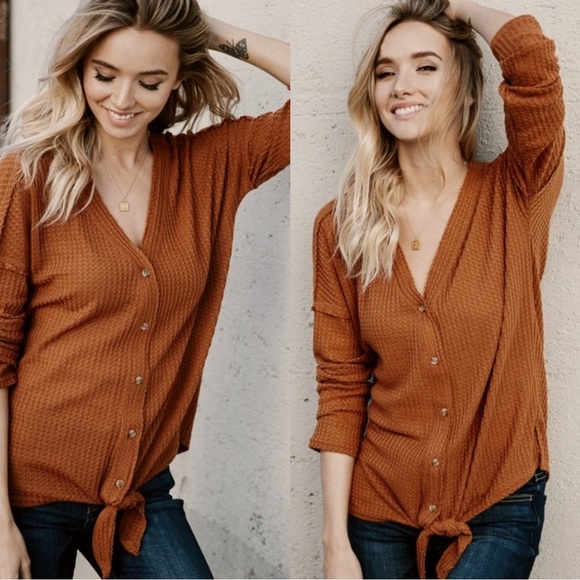 (18)🍁New Fall🍁 Waffle Knit Button Down Front Tie Casual Relaxed Fit Top - Picture 4 of 7